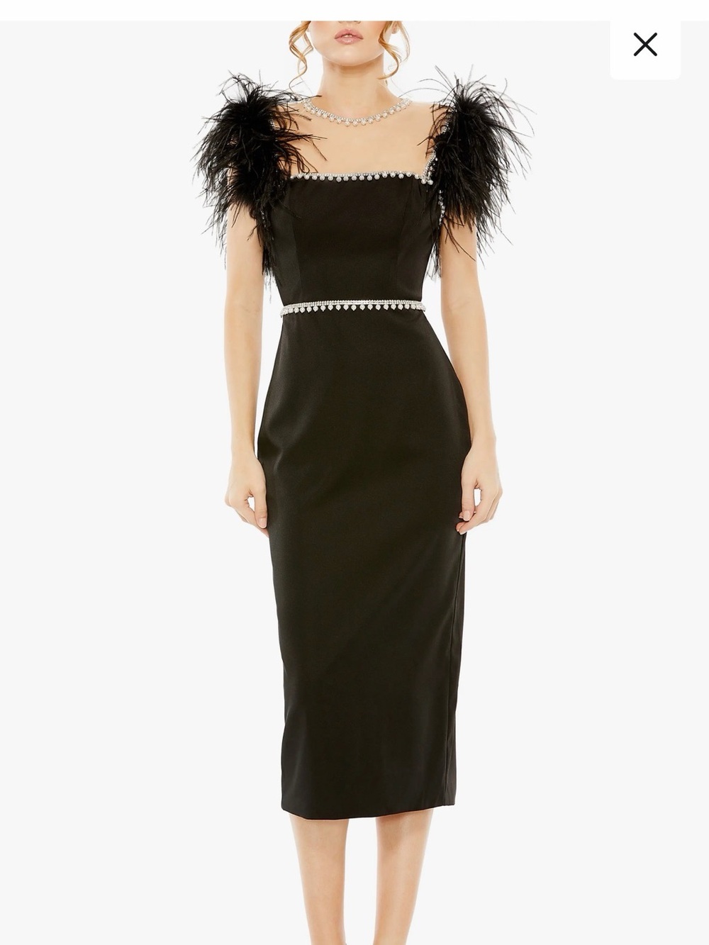 Mac Duggar Black Feather-Trim Midi Dress with Crystal Trim